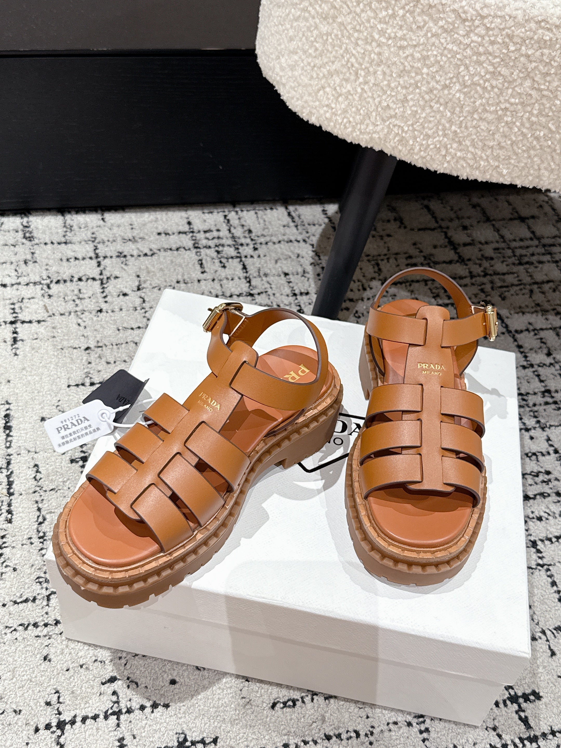 PRADA 25S FISHERMAN OPEN TOE SANLS IN BURNT ORANGE CALFSKIN