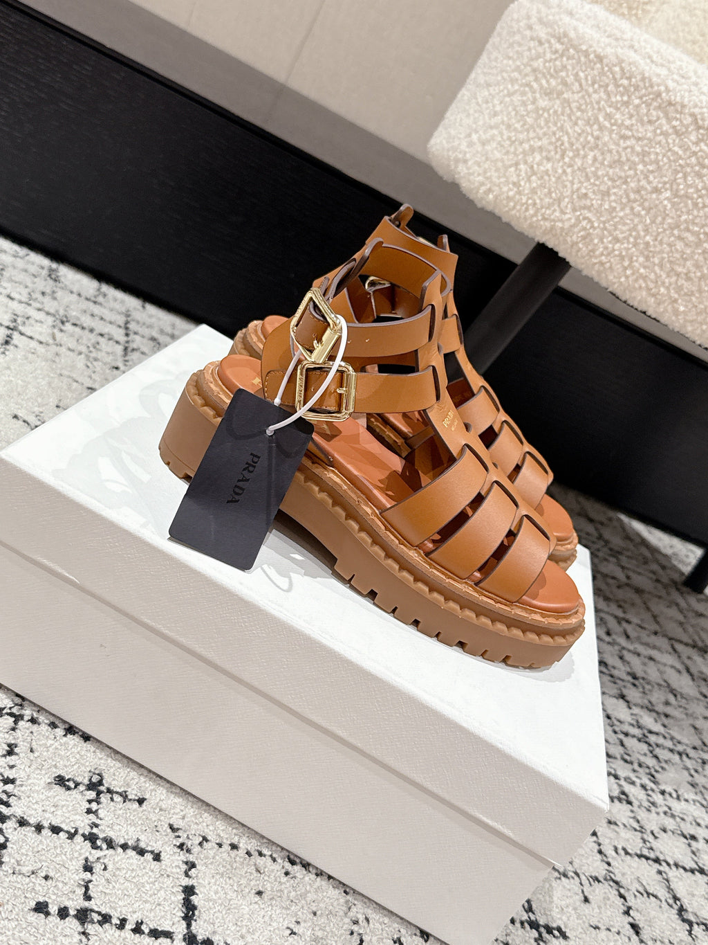 PRADA 25S HIGH TOP OPEN TOE FISHERMAN SANLS IN BURNT ORANGE CALFSKIN