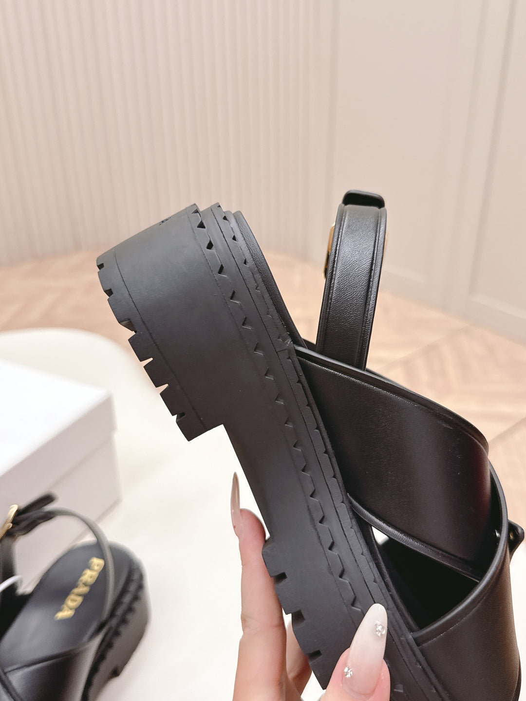 PRADA 25S SANLS IN BLACK CALFSKIN LOGO GOLD HARDWARE
