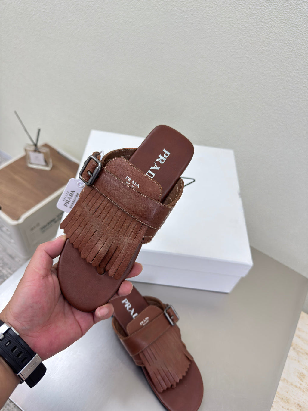 PRADA 25S SHUFFLE LEATHER THONG SANLS IN SIENNA CALFSKIN