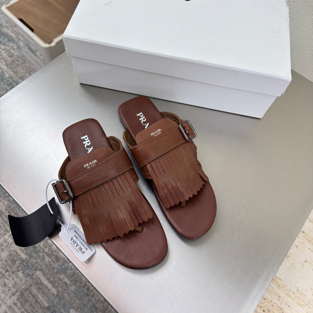 PRADA 25S SHUFFLE LEATHER THONG SANLS IN SIENNA CALFSKIN