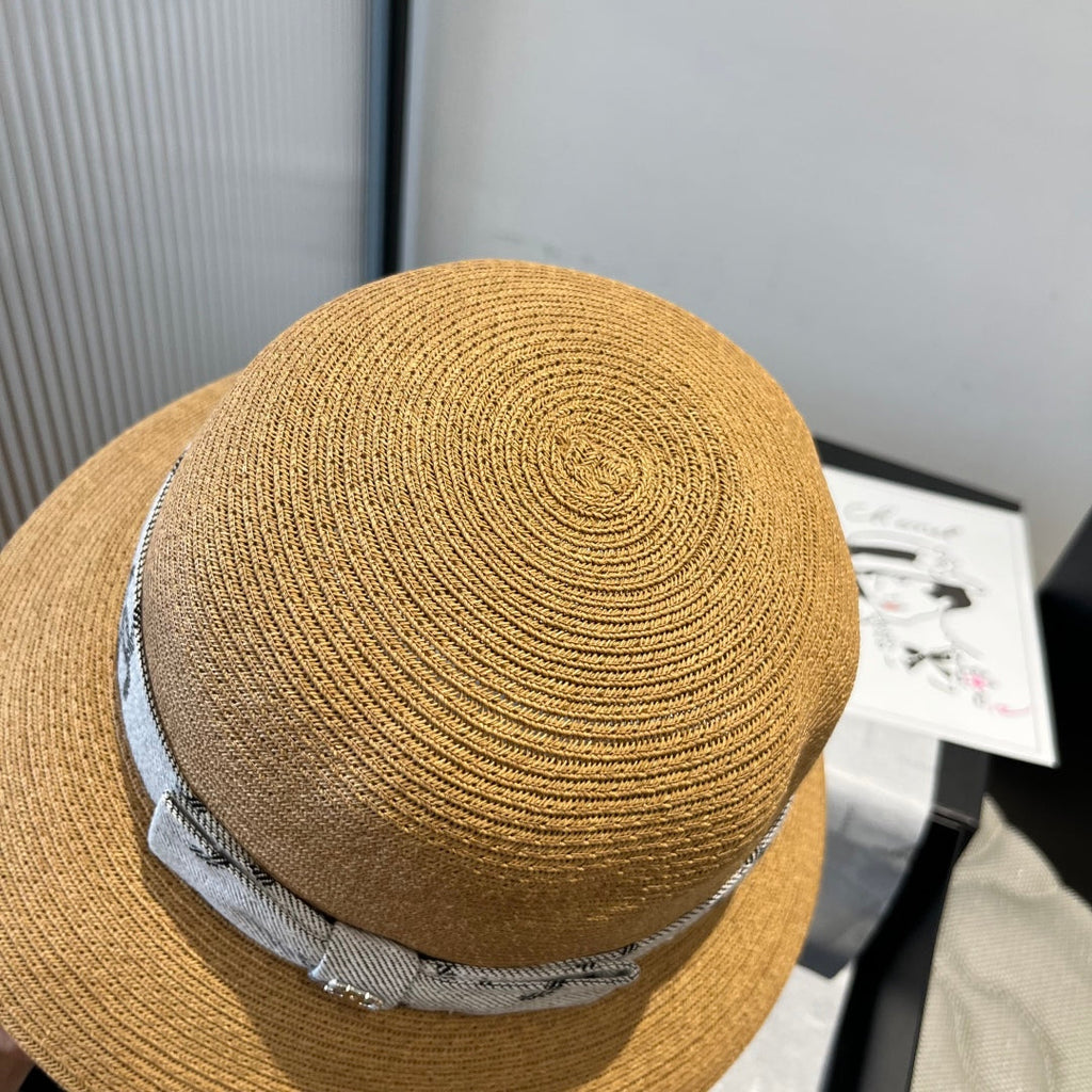 CHANEL STRAW BUCKET HAT IN BROWN WITH RIBBON BOW 673978