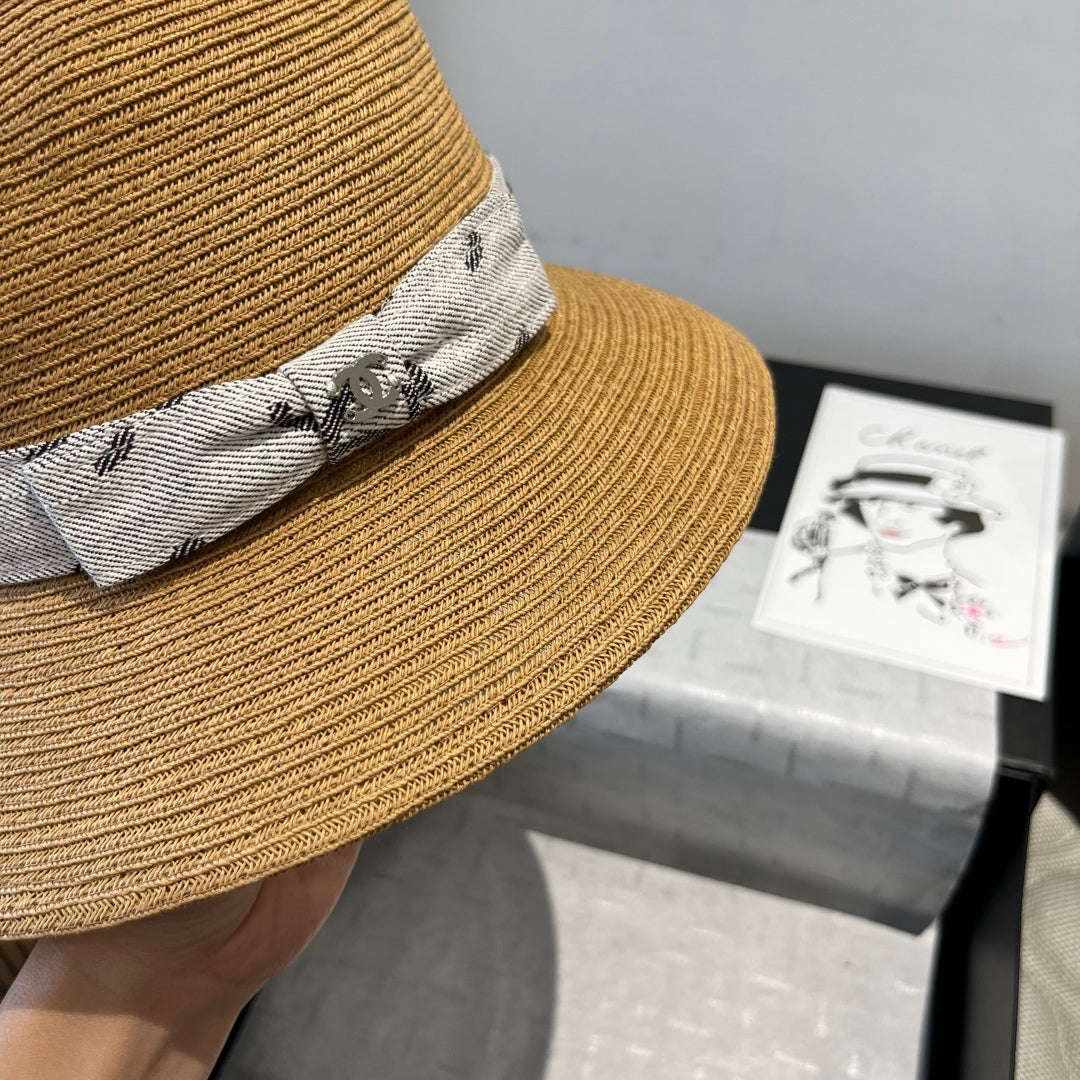 CHANEL STRAW BUCKET HAT IN BROWN WITH RIBBON BOW 673978