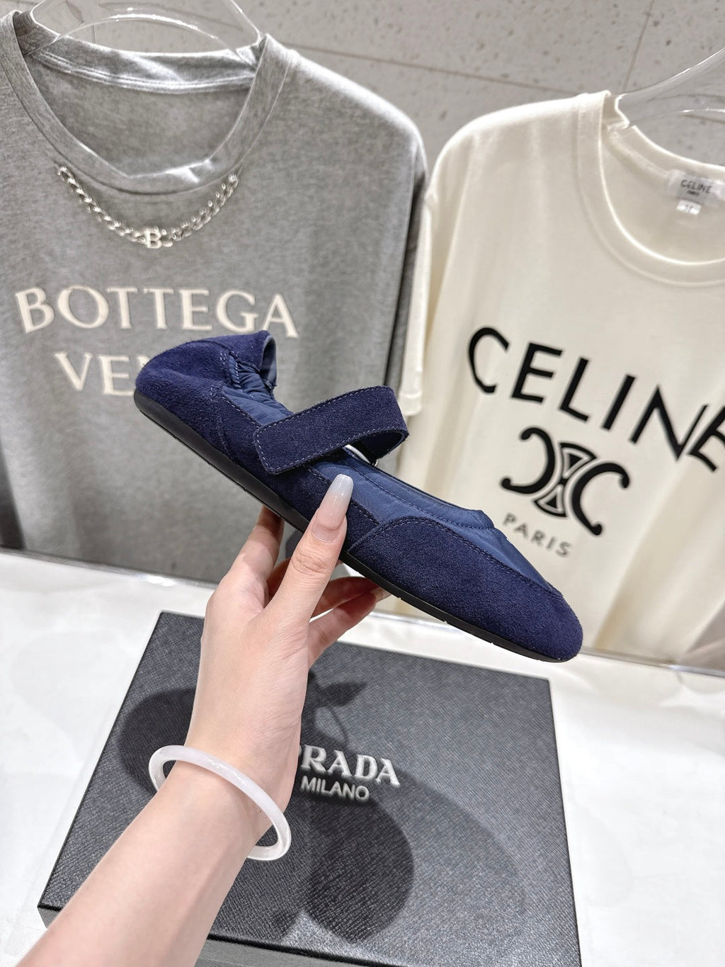 PRADA 25S COLLAPSE RE NYLON AND SUEDE BALLERINAS IN RK BLUE