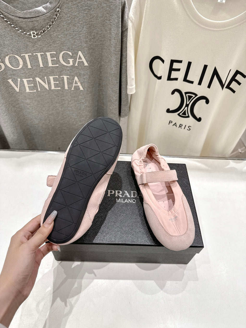 PRADA 25S COLLAPSE RE NYLON AND SUEDE BALLERINAS IN BABY PINK