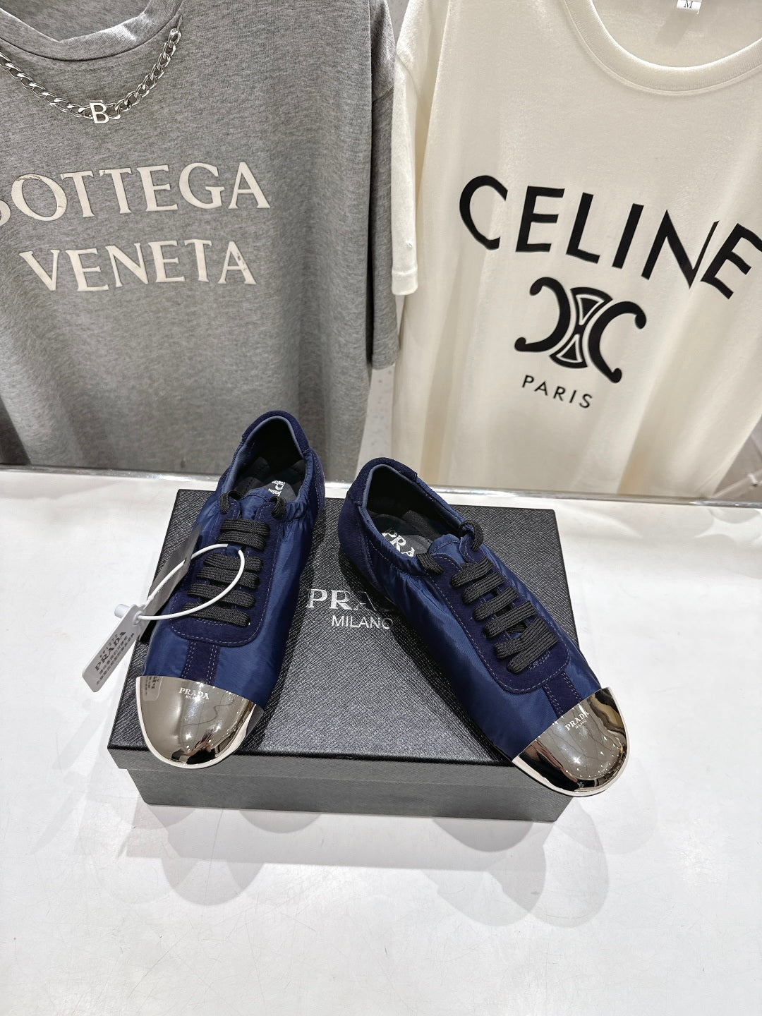 PRADA 25S COLLAPSE RE NYLON AND SUEDE SNEAKERS IN RK BLUE WITH METAL TOECAP