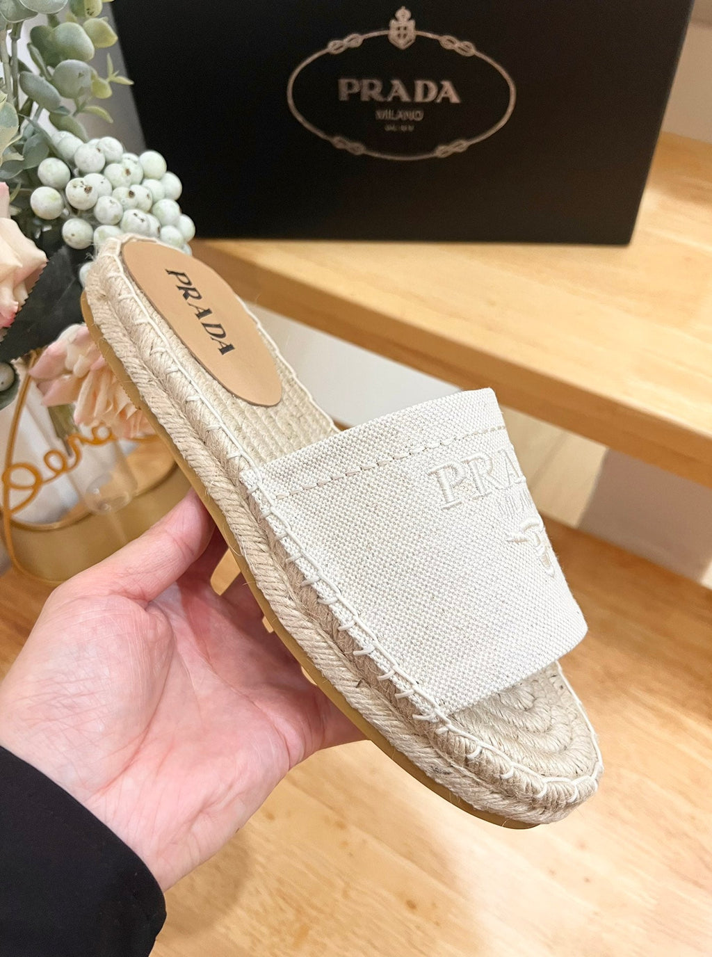 PRADA Pra Slide 20 Beige Velvet Sole Raffia