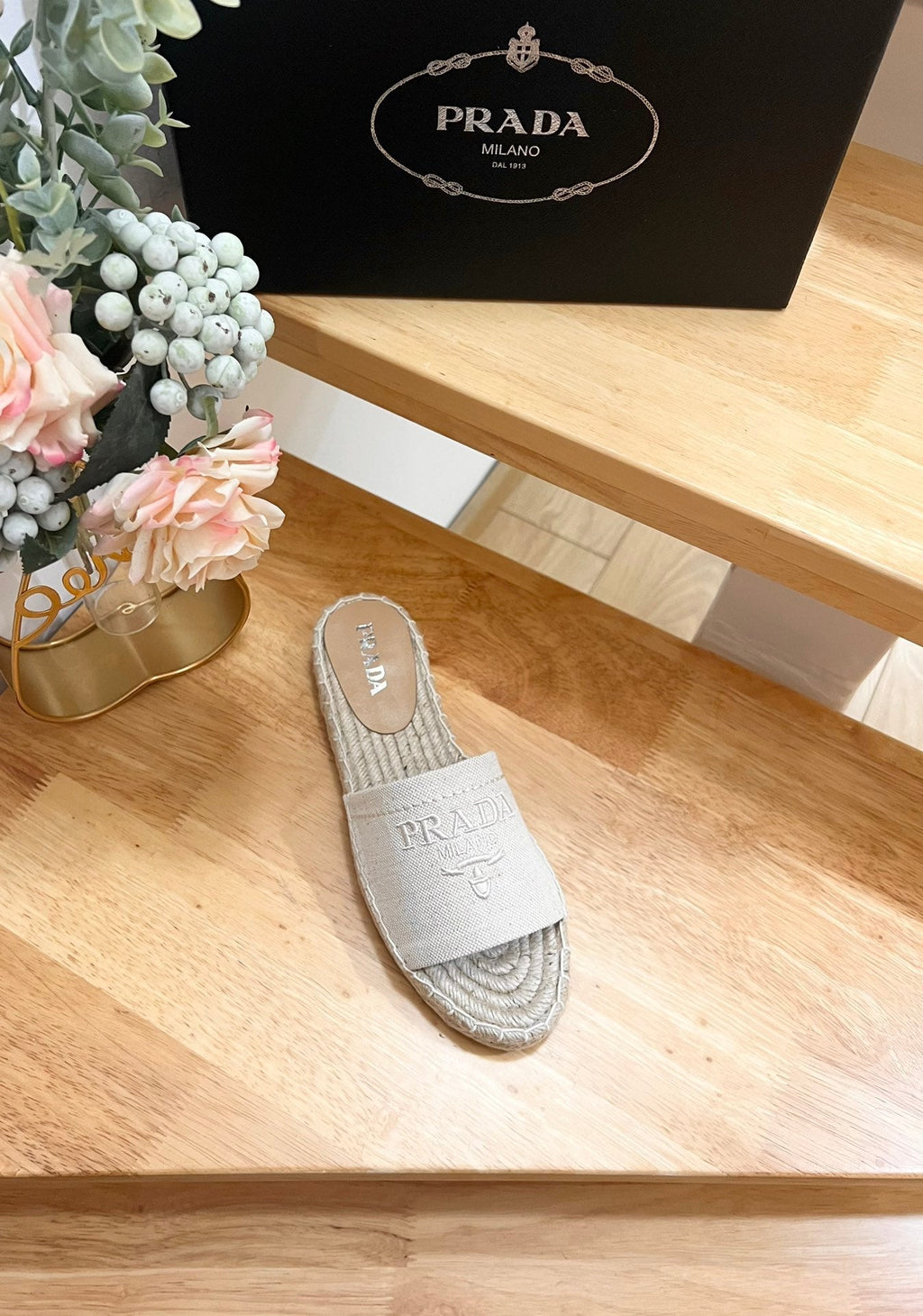 PRADA CROCHET SLIPPERS CREAMY WHITE LINEN FABRIC