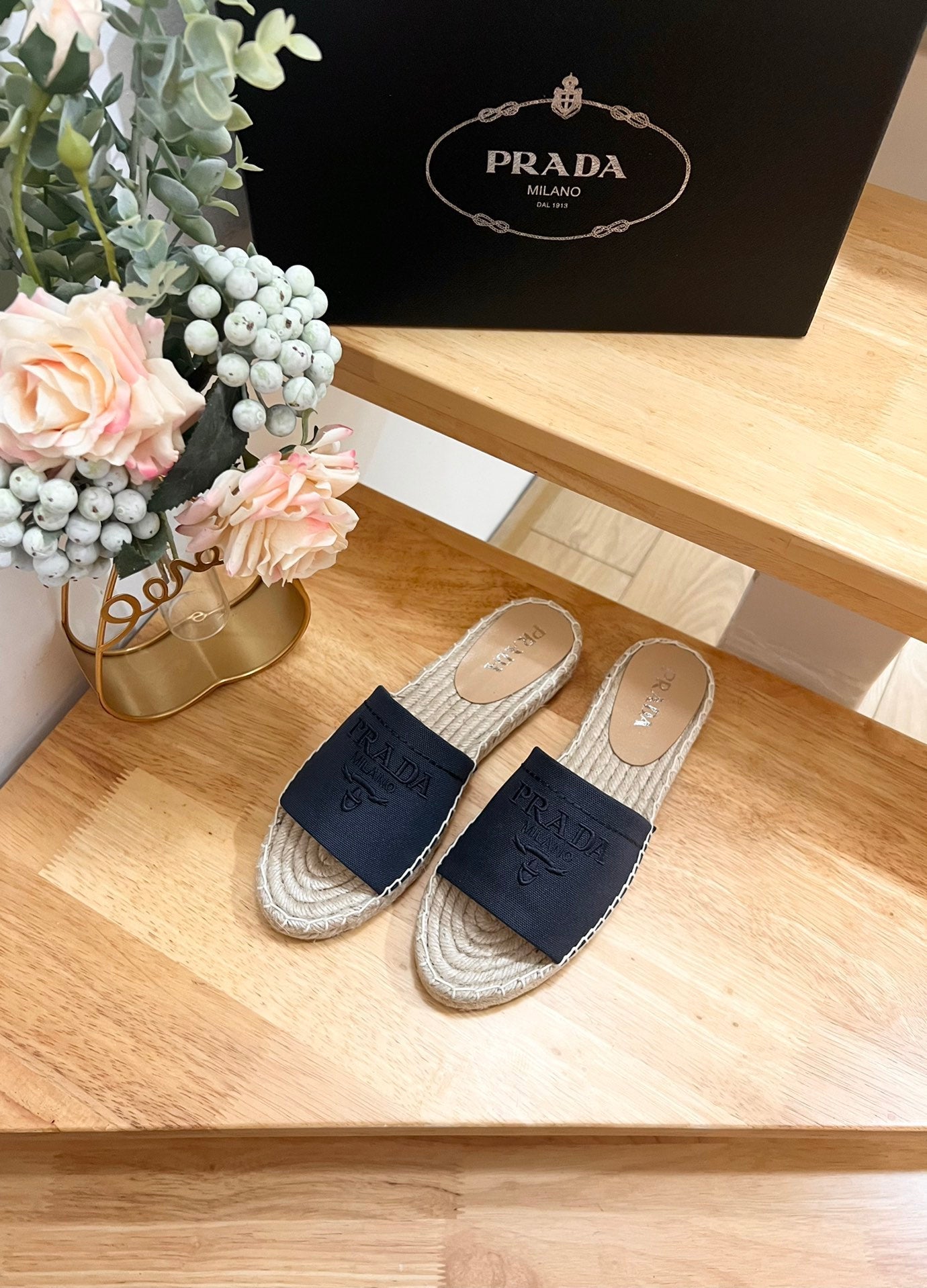 PRADA CROCHET SLIPPERS NAVY LINEN FABRIC