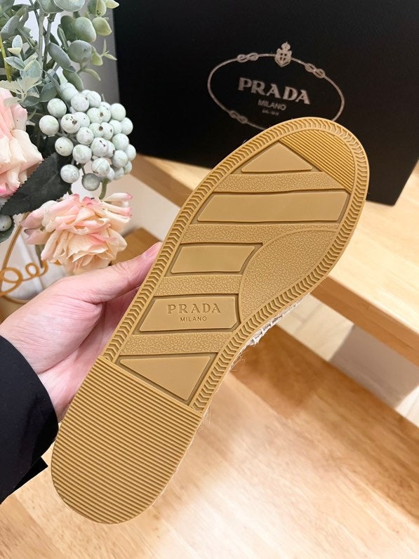 PRADA CROCHET SLIPPERS NAVY LINEN FABRIC