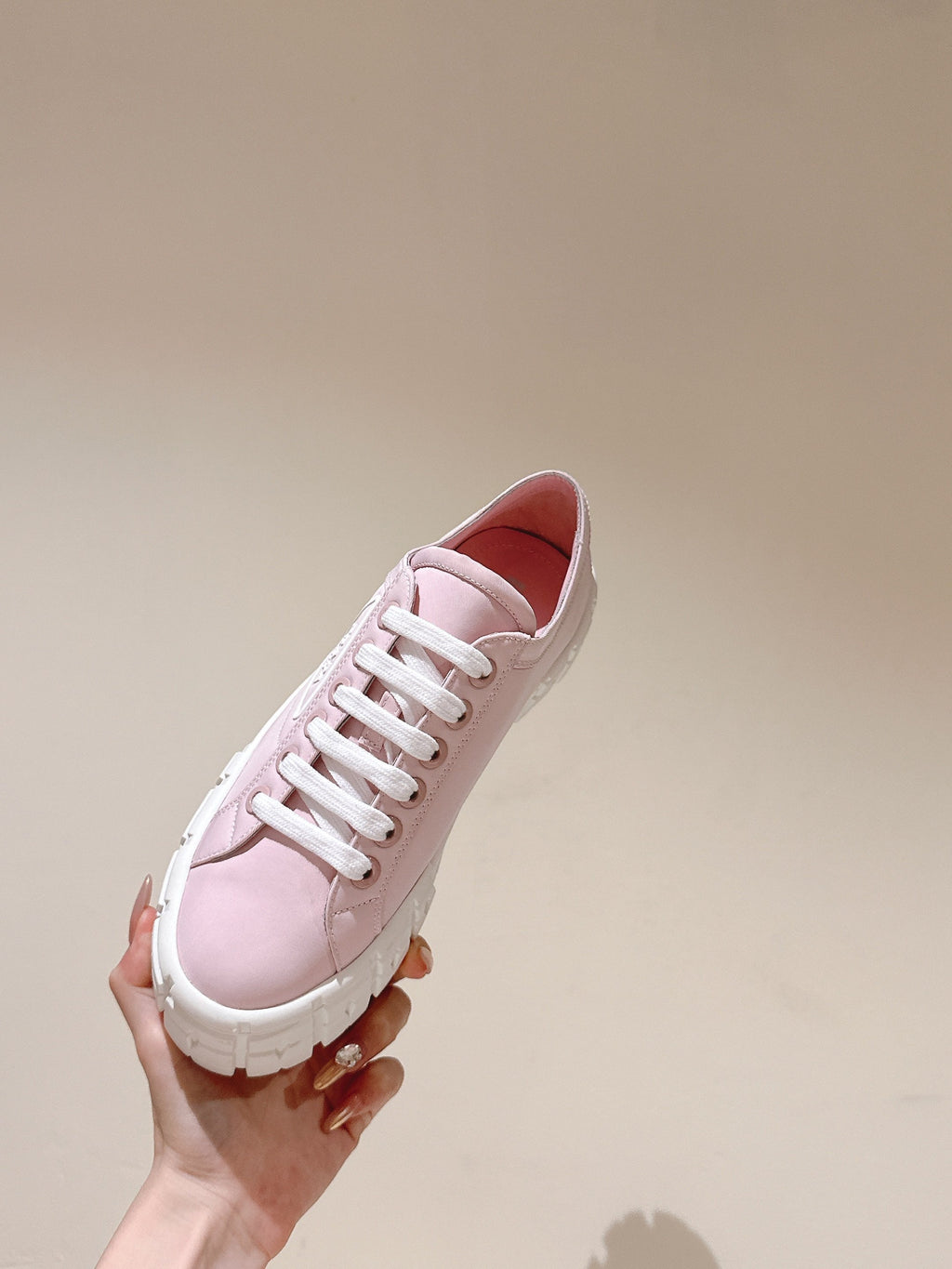 PRADA DOUBLE WHEEL RE-NYLON GABARDINE SNEAKERS PASTEL PINK CALFSKIN