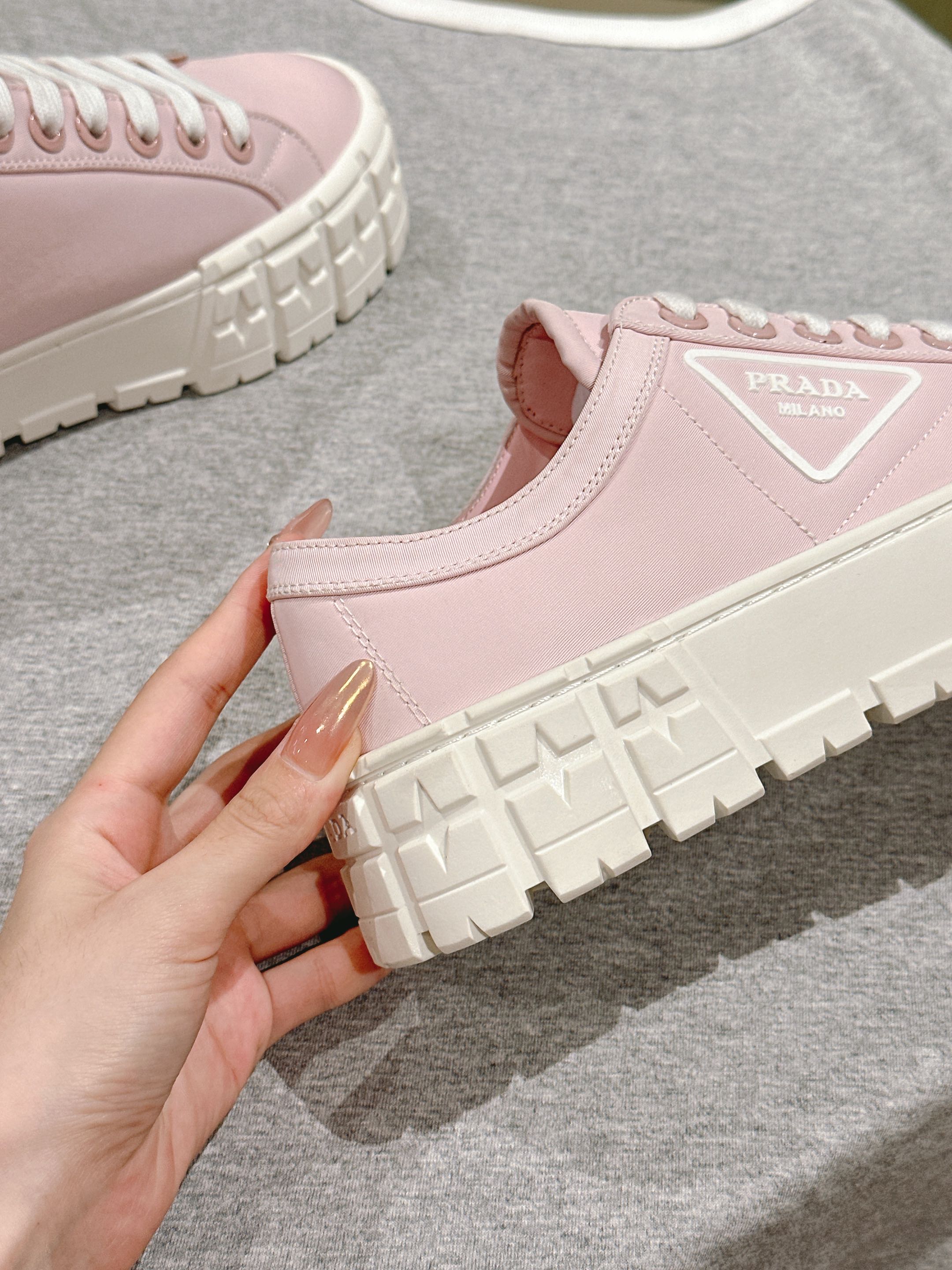 PRADA DOUBLE WHEEL RE-NYLON GABARDINE SNEAKERS PASTEL PINK CALFSKIN