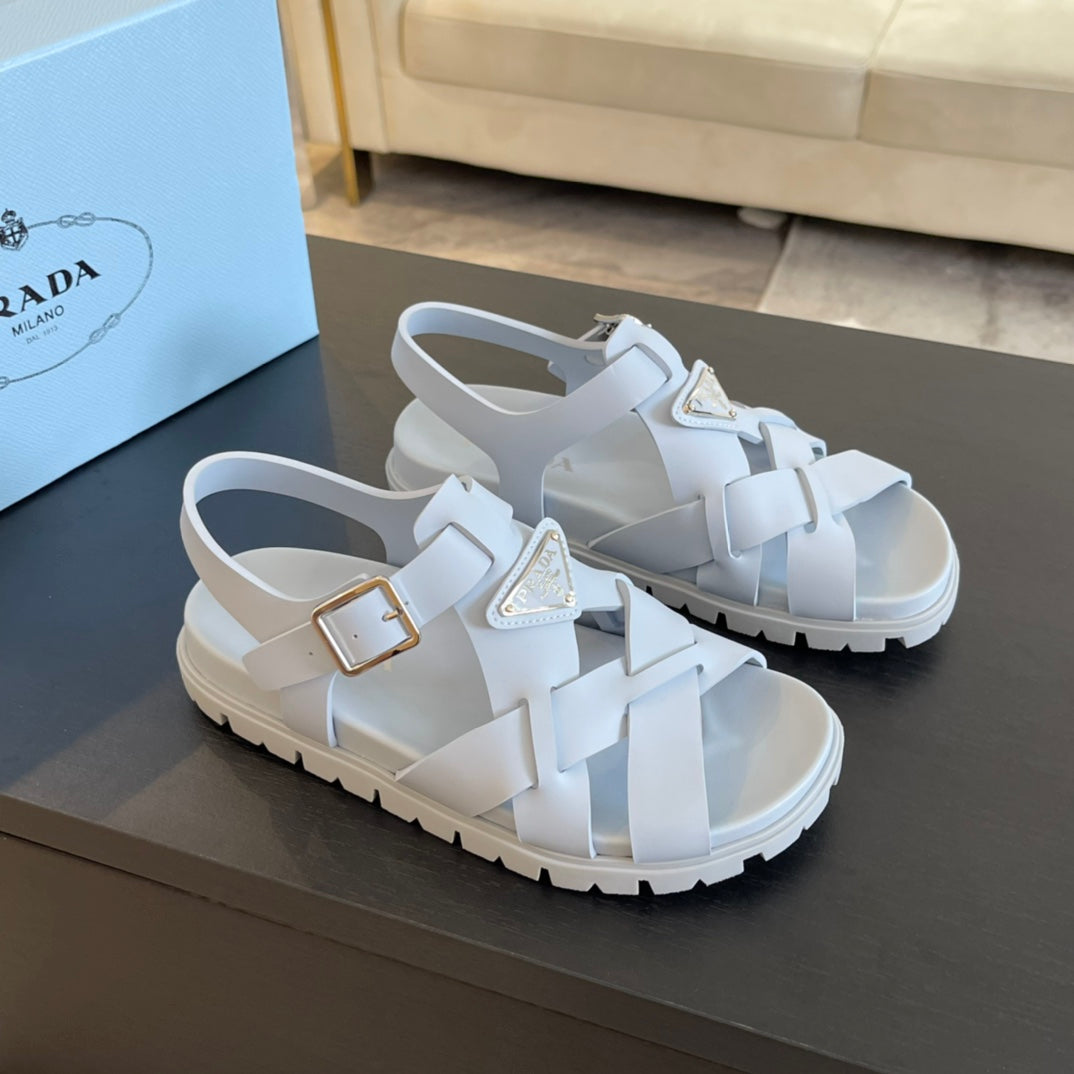 PRADA CRISSCROSS RUBBER SANLS PASTEL SKY CALFSKIN