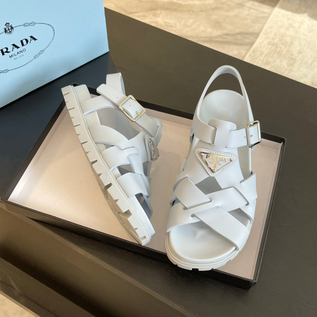 PRADA CRISSCROSS RUBBER SANLS PASTEL SKY CALFSKIN
