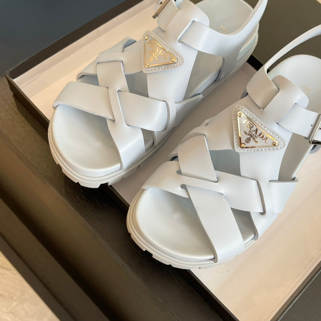 PRADA CRISSCROSS RUBBER SANLS PASTEL SKY CALFSKIN