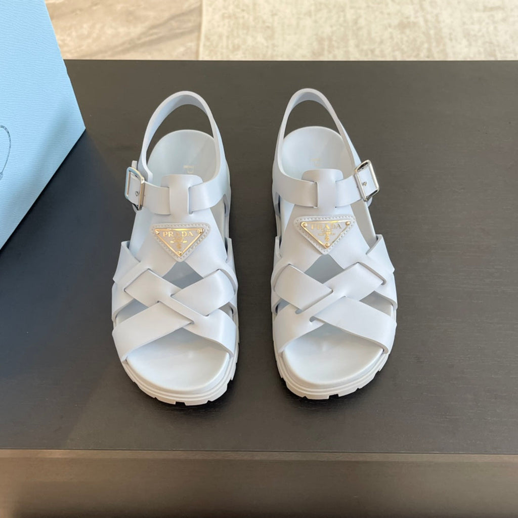 PRADA CRISSCROSS RUBBER SANLS PASTEL SKY CALFSKIN