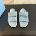 PRADA RAFFIA CORK SLIDE SKY CALFSKIN