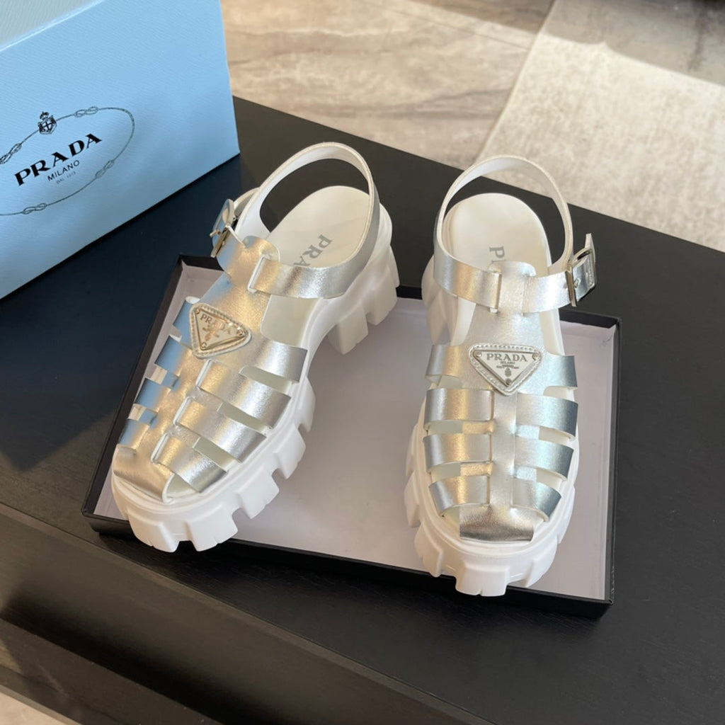PRADA RUBBER MONOLITH SANLS SILVER CALFSKIN