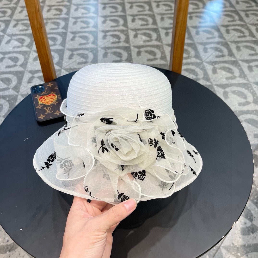 CHANEL STRAW HAT WITH CHIFFON FLOWER WHITE 672758