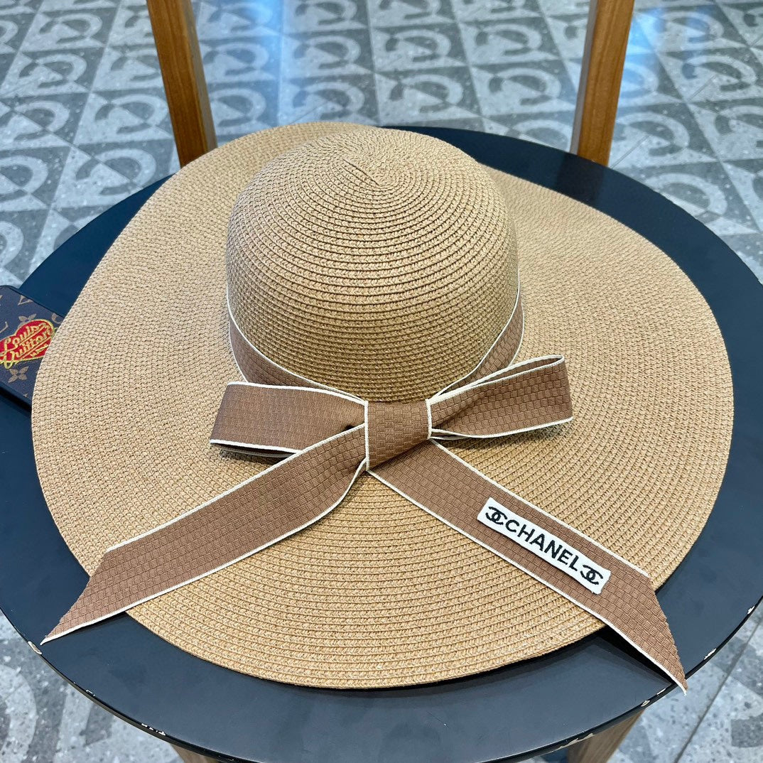 CHANEL WIDE BRIM STRAW HAT WITH BOW BROWN 672705