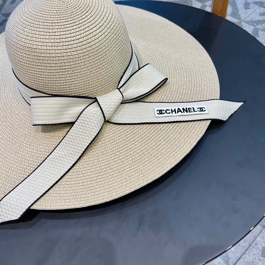 CHANEL WIDE BRIM STRAW HAT WITH BOW BEIGE 672706