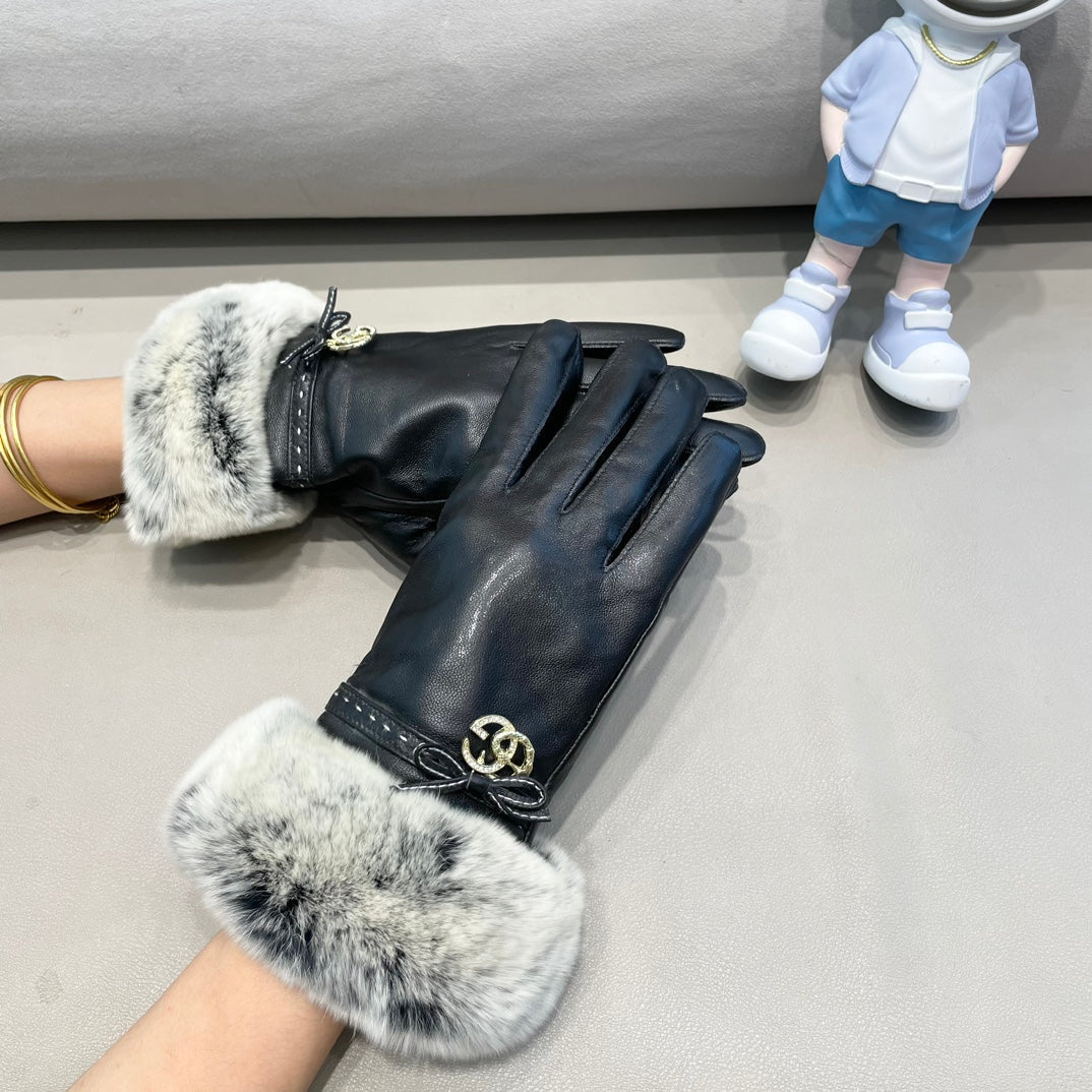 GUCCI FUR-TRIMMED LAMBSKIN GLOVES BLACK WITH BOW 456265