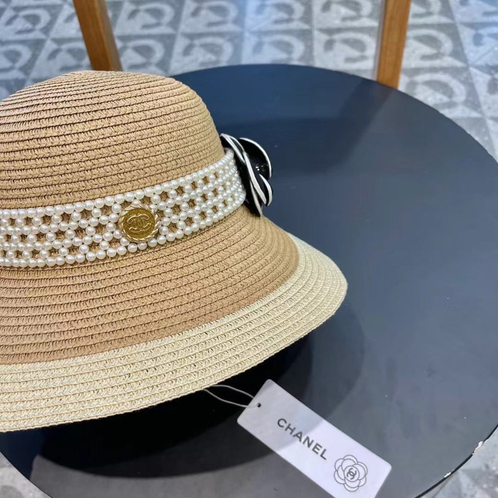 CHANEL STRAW BUCKET HAT WITH PEARLS 672765