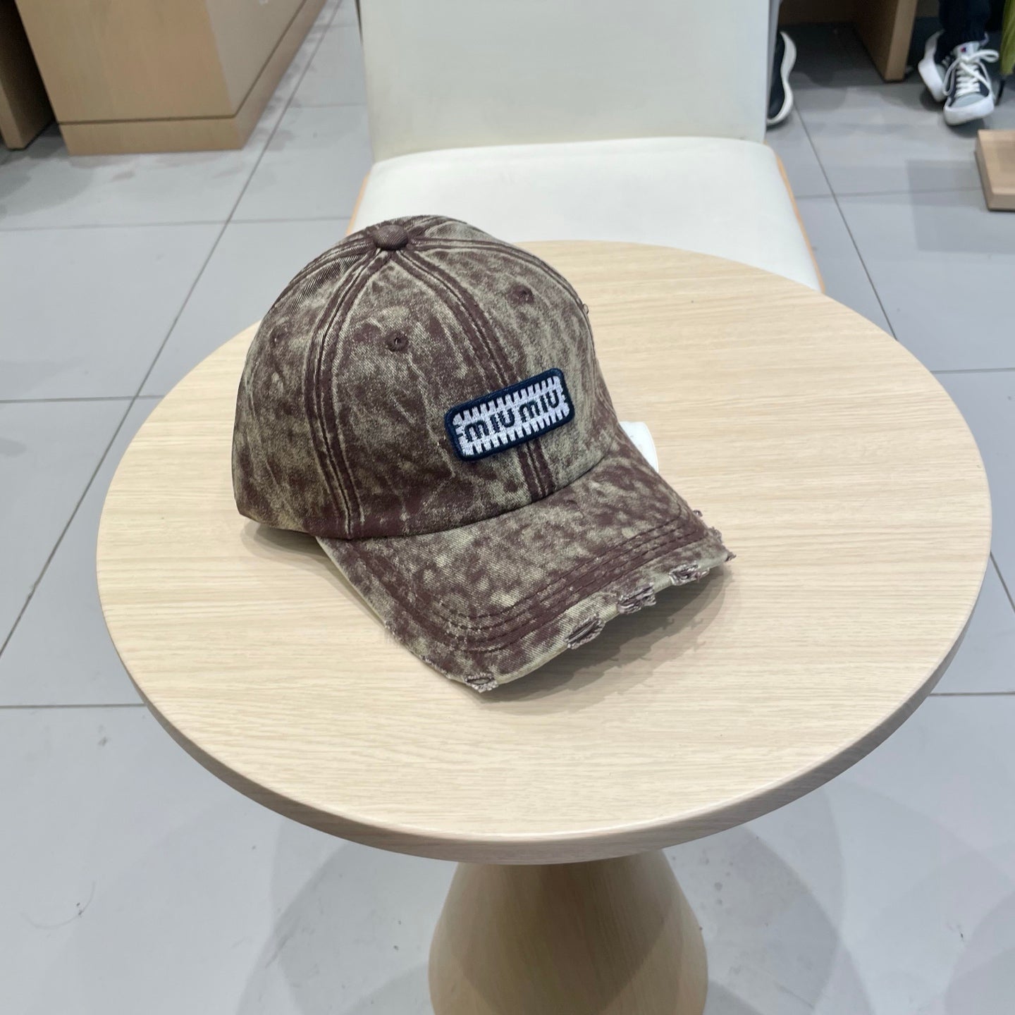 MM DISTRESSED FABRIC BASEBALL CAP IN BROWN WITH EMBROIDERED LOGO
