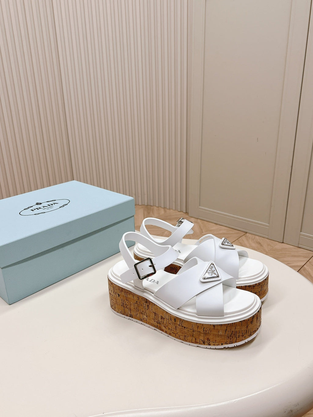PRADA WEDGE PLATFORM SANLS WHITE CALFSKIN