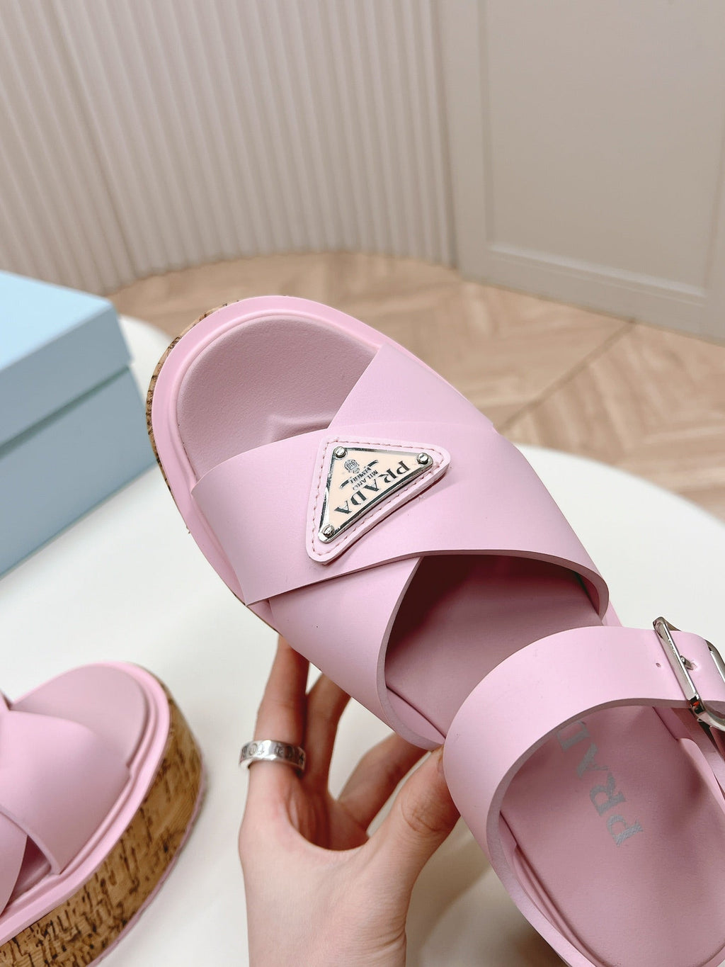 PRADA WEDGE PLATFORM SANLS PASTEL PINK CALFSKIN