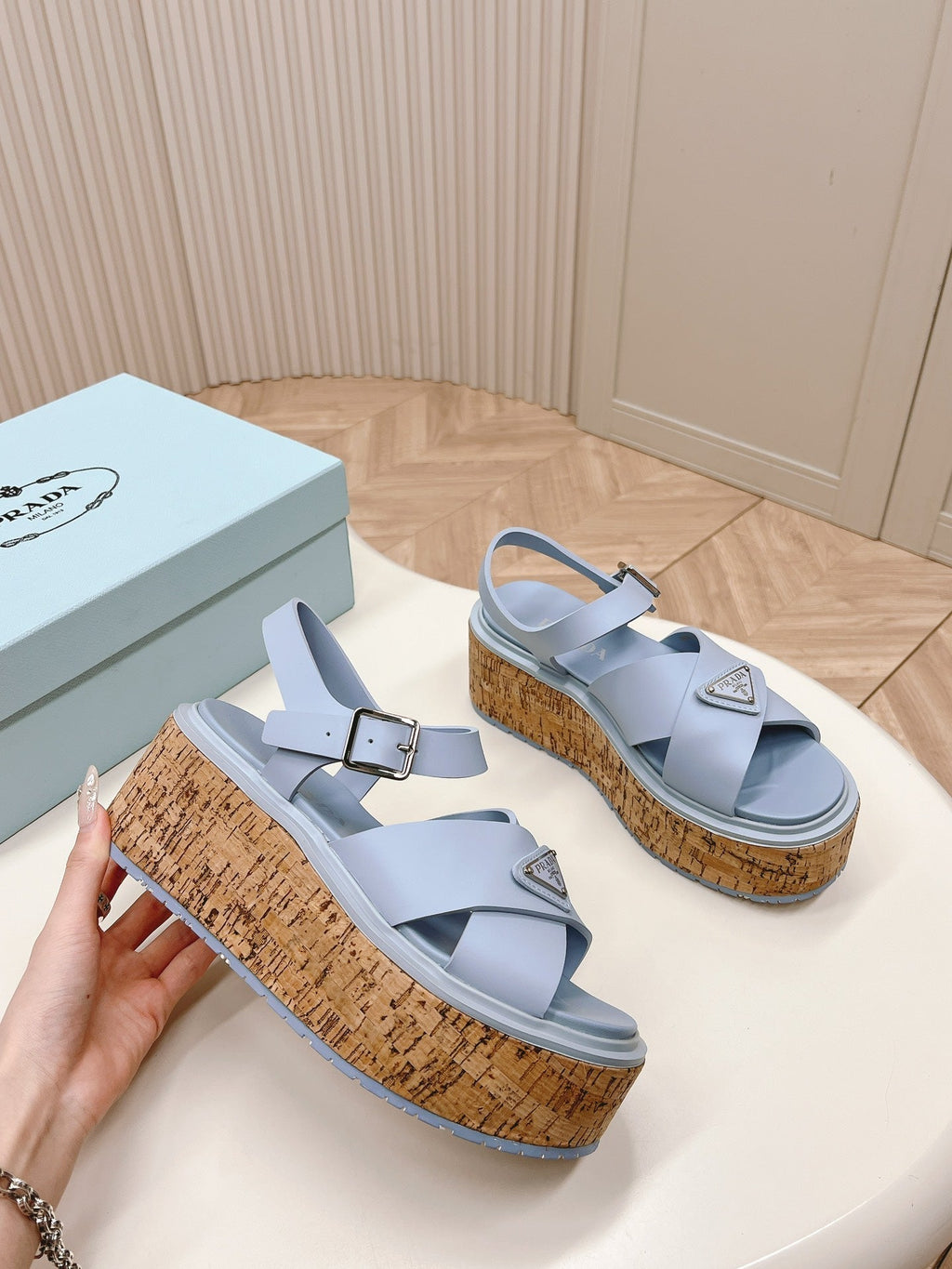 PRADA WEDGE PLATFORM SANLS SAPPHIRE CALFSKIN