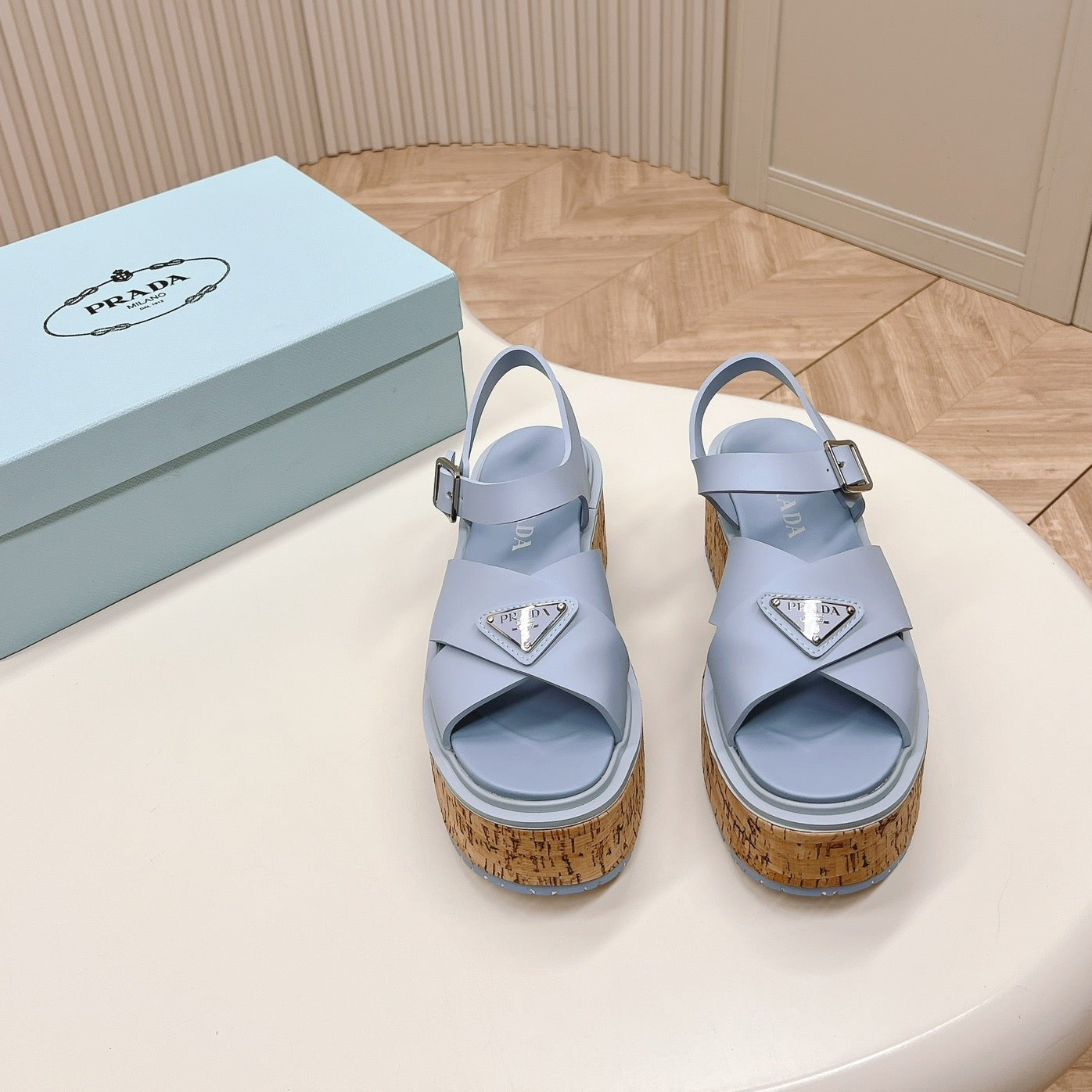 PRADA WEDGE PLATFORM SANLS SAPPHIRE CALFSKIN