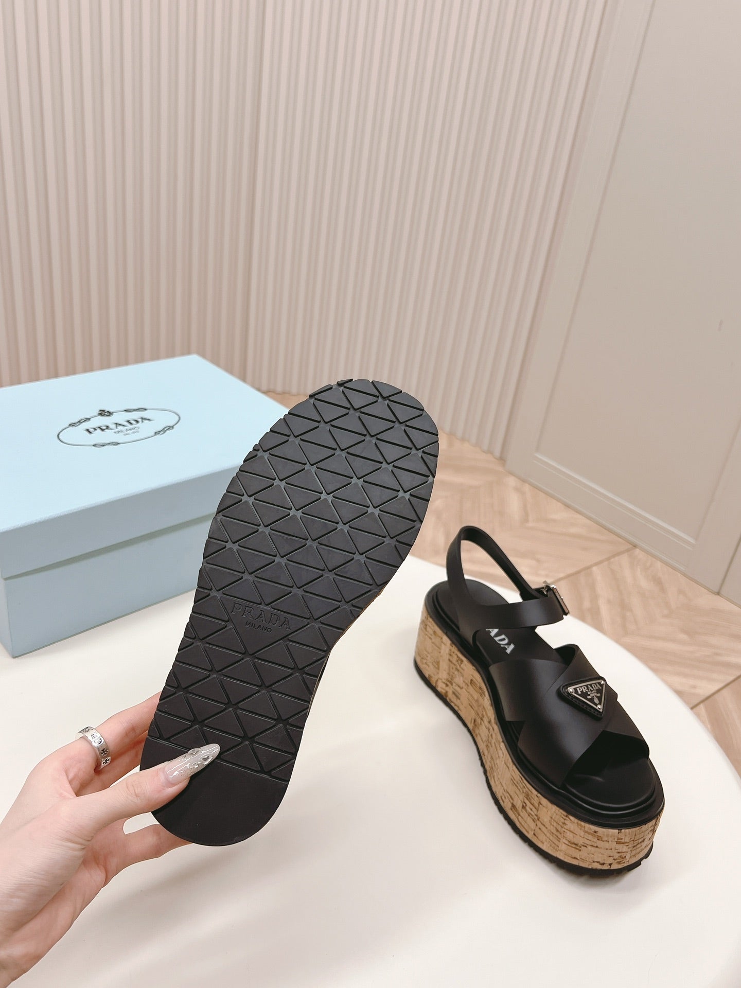 PRADA WEDGE PLATFORM SANLS BLACK CALFSKIN