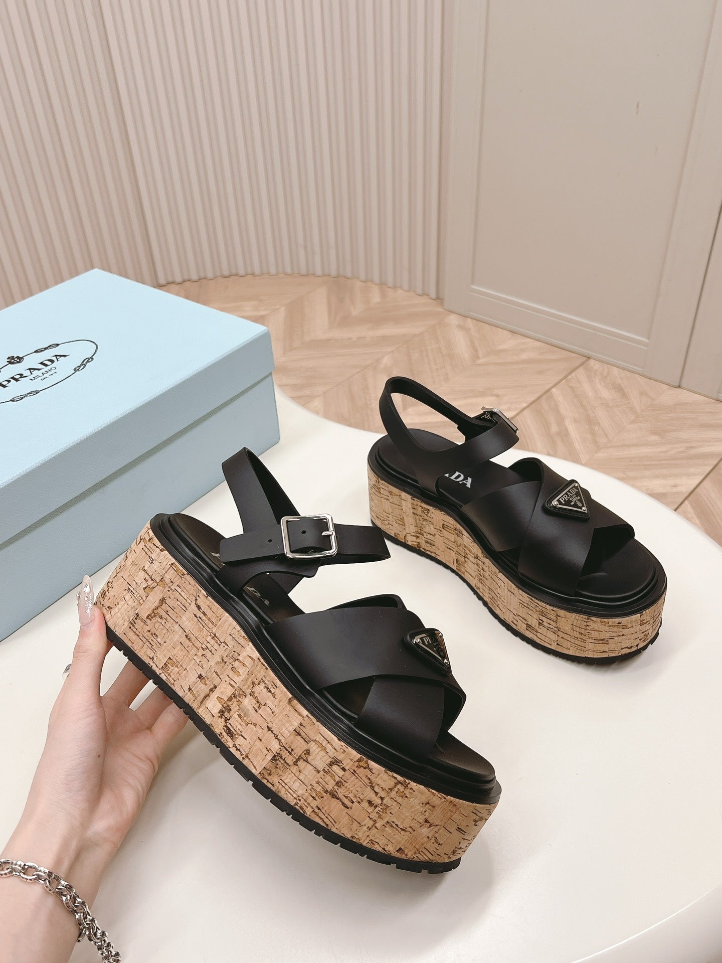 PRADA WEDGE PLATFORM SANLS BLACK CALFSKIN