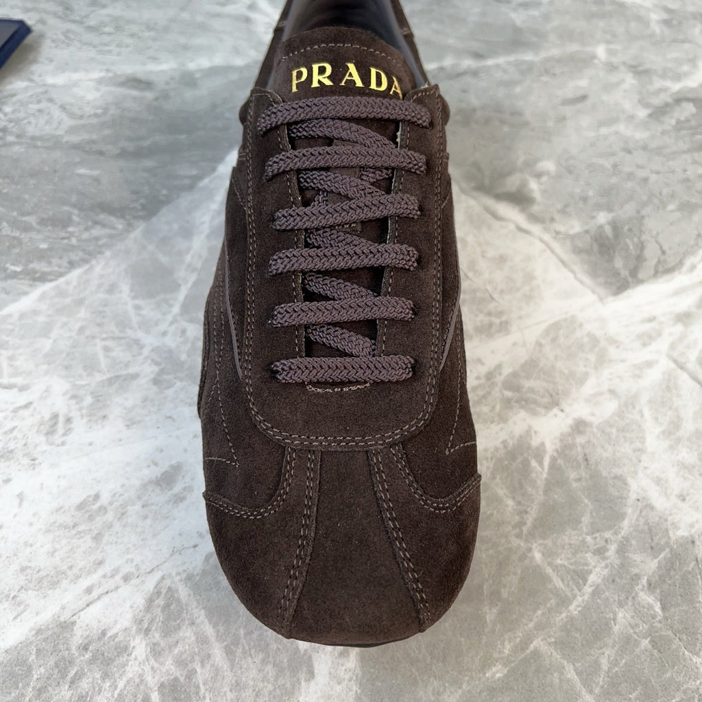 PRADA 25S MONTECARLO ANTIQUED SNEAKERS IN RK BROWN SUEDE