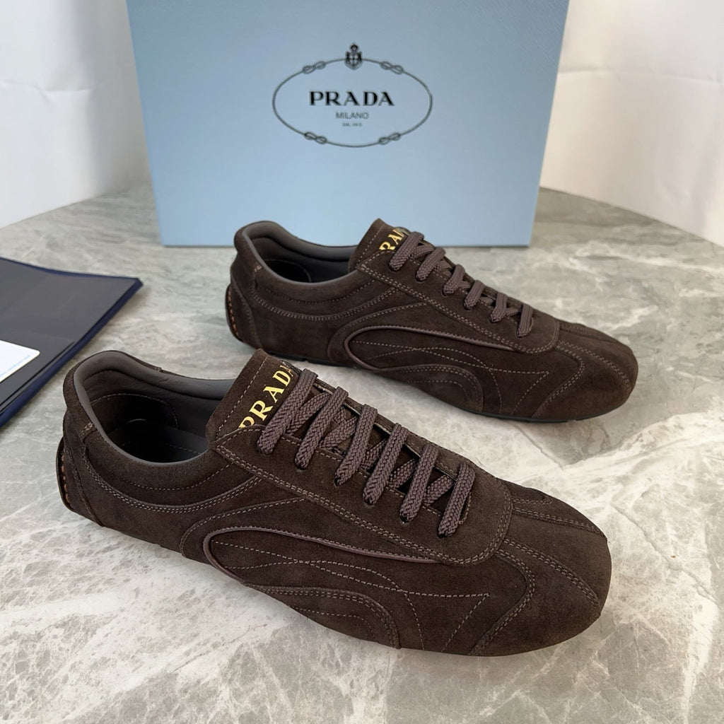 PRADA 25S MONTECARLO ANTIQUED SNEAKERS IN RK BROWN SUEDE