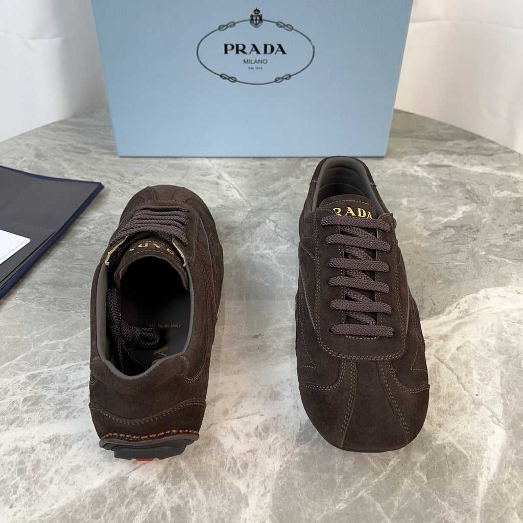 PRADA 25S MONTECARLO ANTIQUED SNEAKERS IN RK BROWN SUEDE