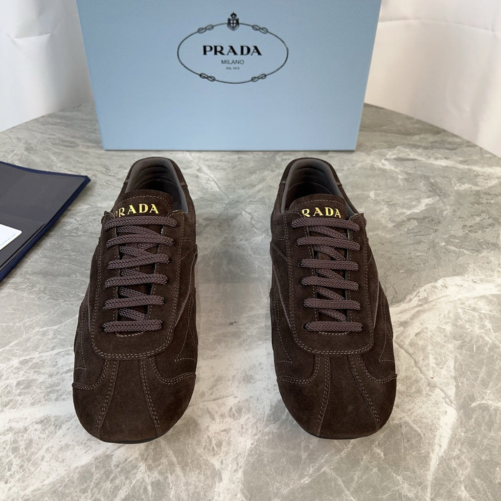 PRADA 25S MONTECARLO ANTIQUED SNEAKERS IN RK BROWN SUEDE