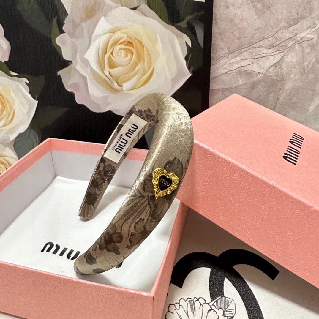 SILK THICK HEADBAND DARK BEIGE FLOWER PRINT 239960
