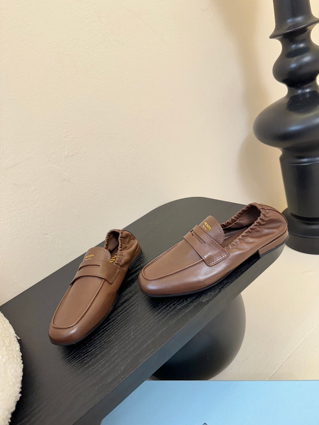 PRADA 25S SHUFFLE LOAFERS IN EARTH BROWN CALFSKIN