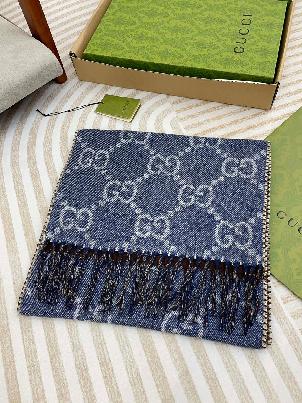GUCCI JACQUARD WOOL SCARF DENIM BLUE MIX COFFEE BROWN 398286