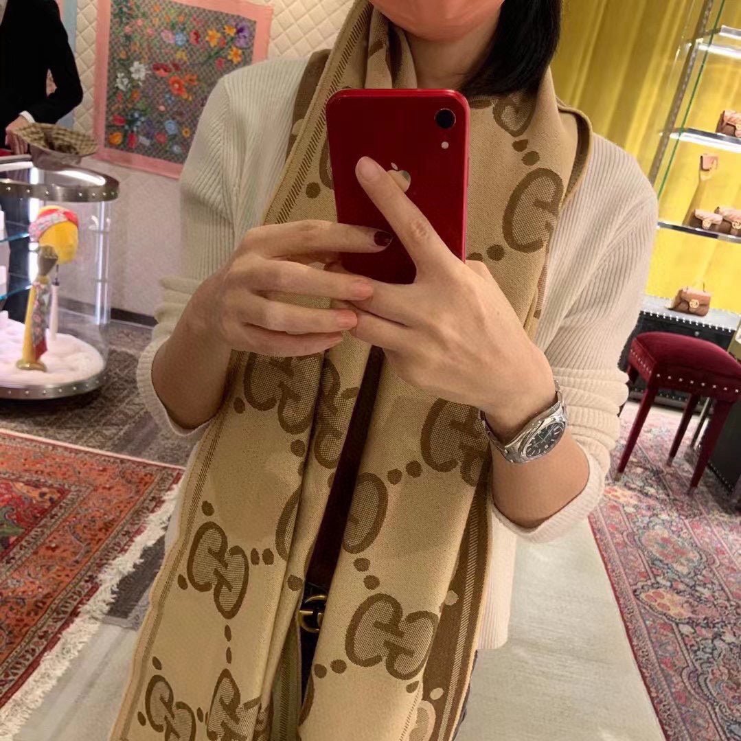 GUCCI DOUBLE-SIDED SCARF 200 CM IN COFFEE AND TAN BROWN WOOL AND SILK 398287