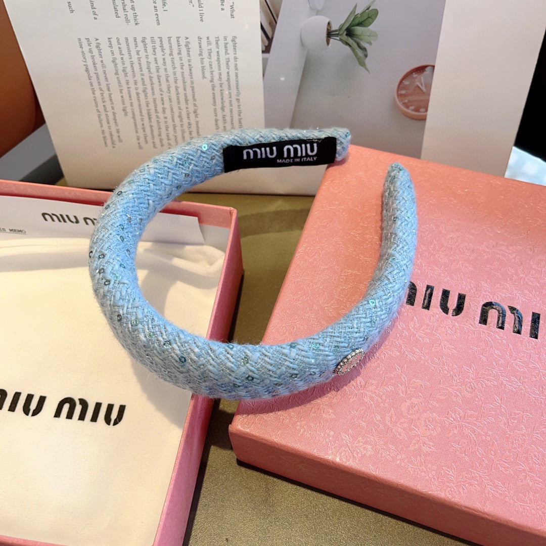 THICK HEADBAND IN SKY BLUE TWEED EMBELLISHED SEQUINS 406044