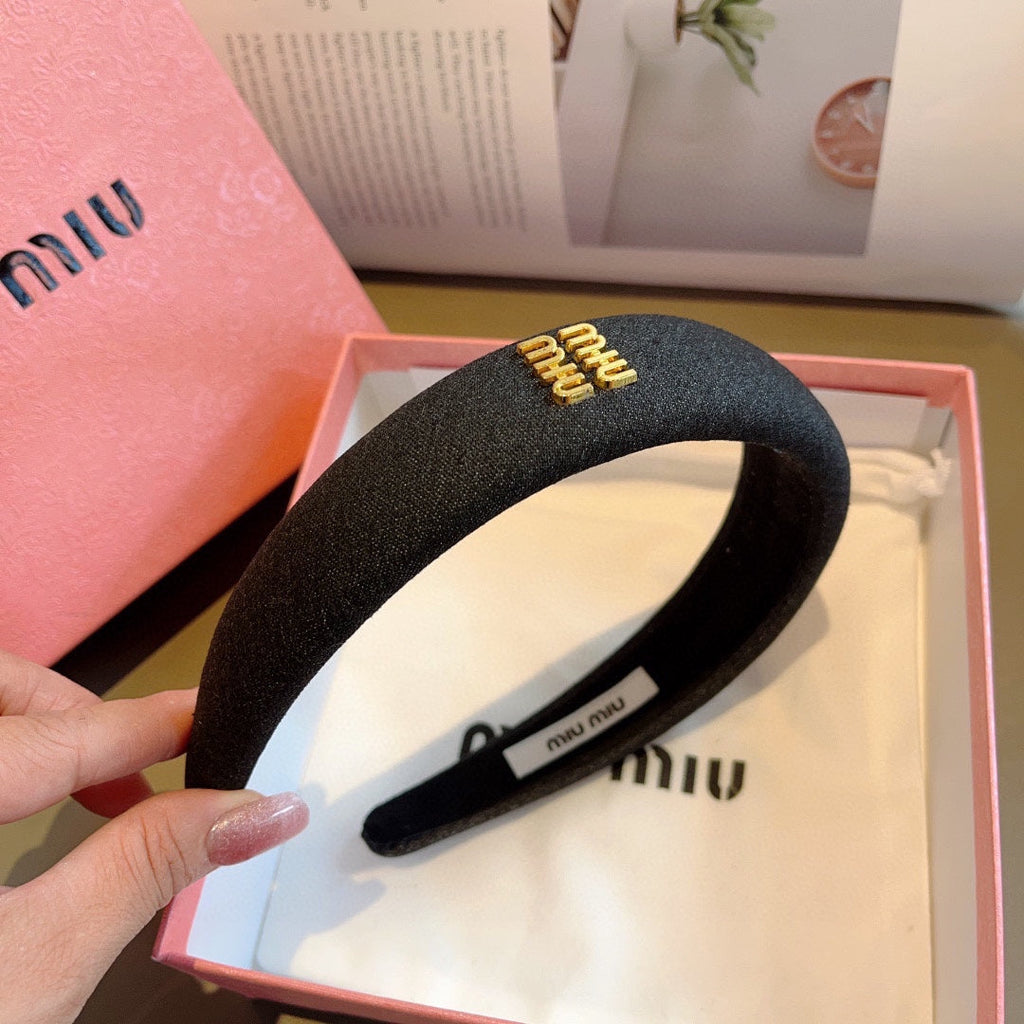 THICK HEADBAND IN BLACK DENIM GOLD LOGO 425463