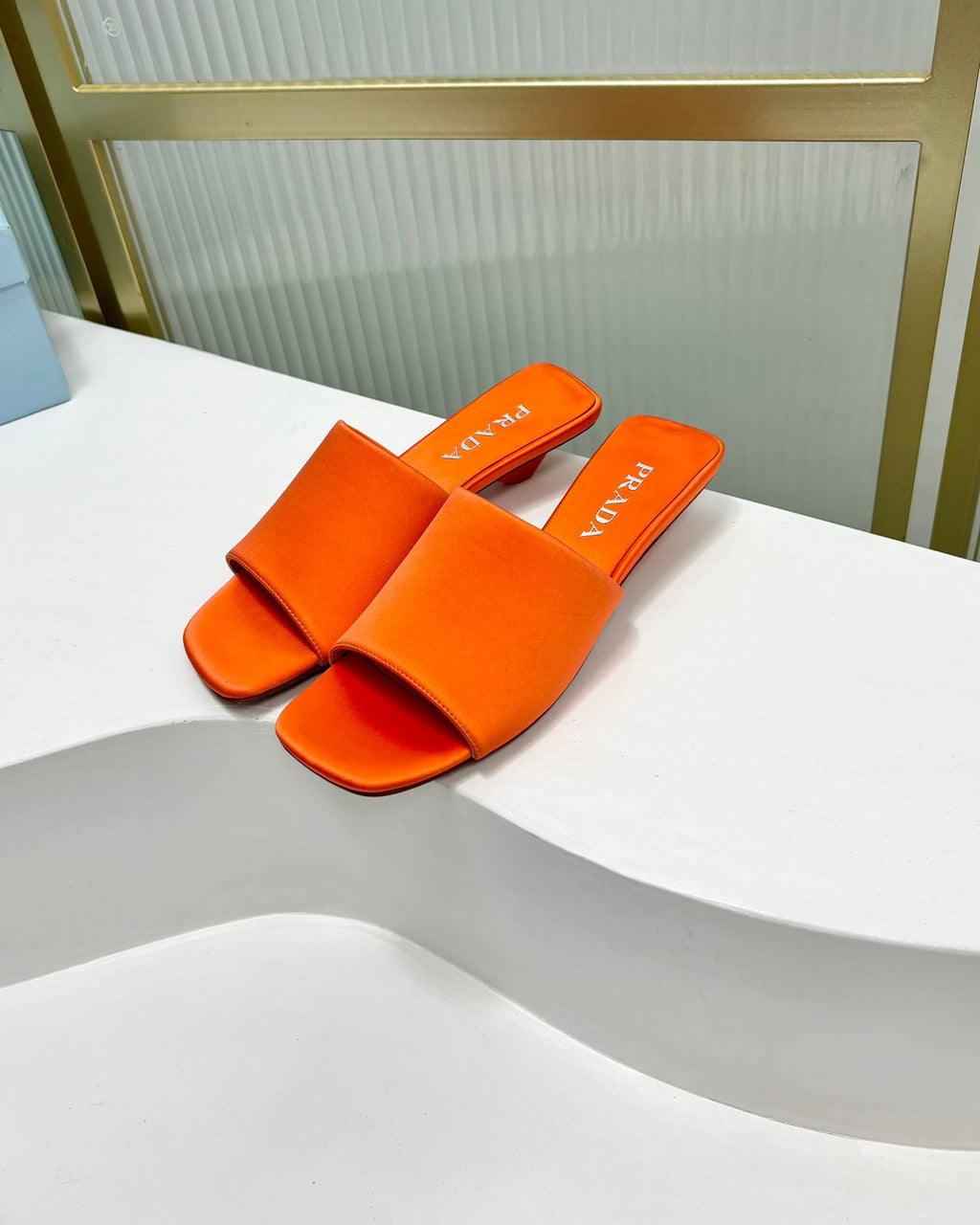 PRADA TRIANGLE HEEL SATIN SLIPPERS BRIGHT ORANGE