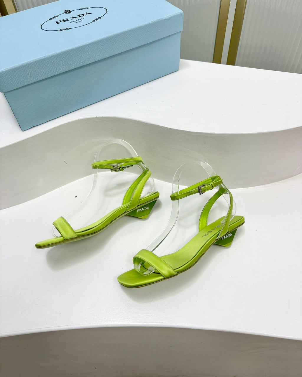PRADA TRIANGLE HEEL SATIN SANLS CHARTREUSE