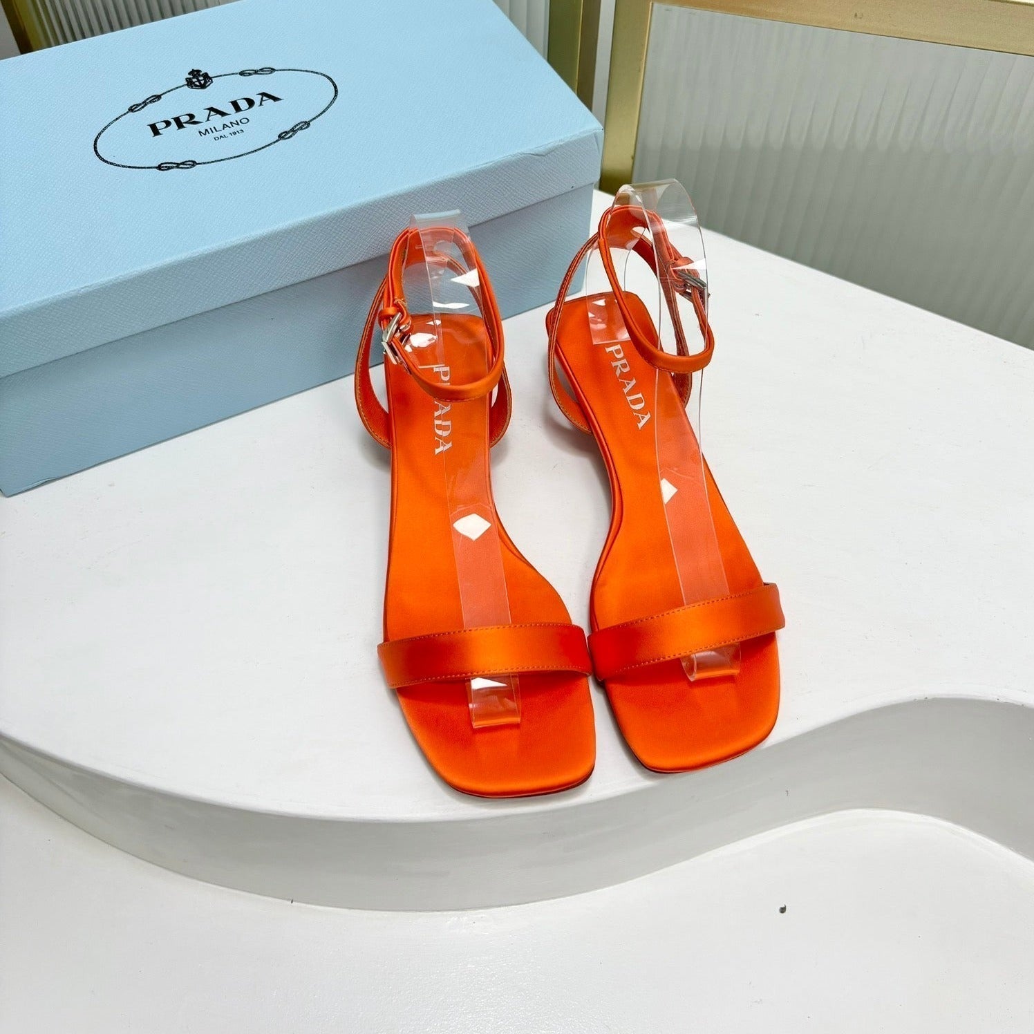 PRADA TRIANGLE HEEL SATIN SANLS BRIGHT ORANGE
