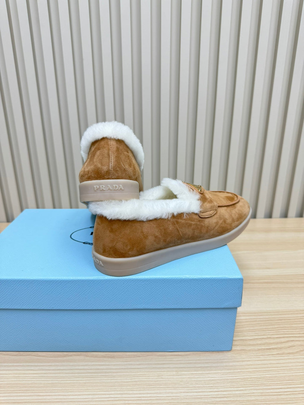 PRADA SUEDE LOAFER IN TAN BROWN WITH SHEARLING LINING