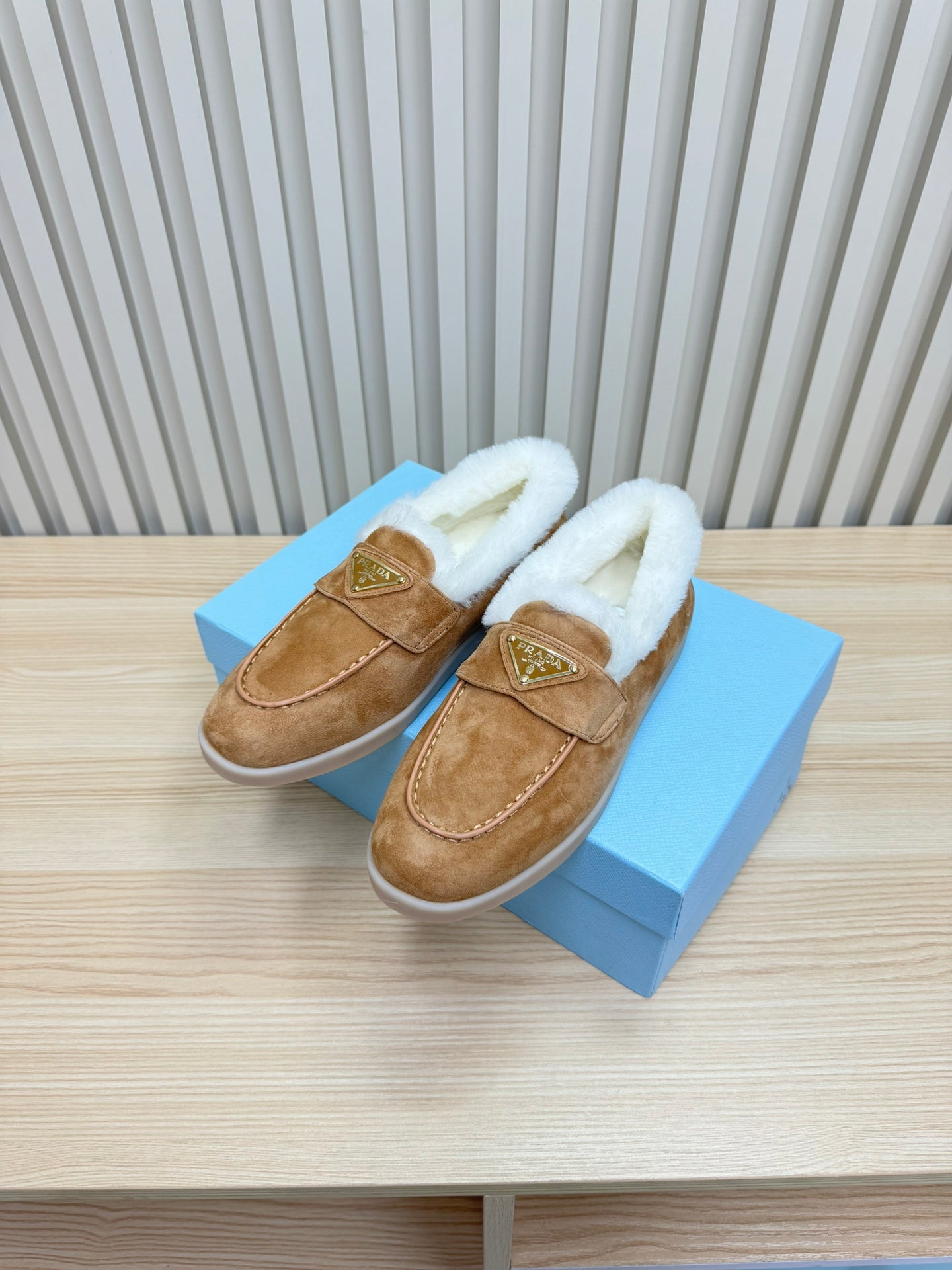 PRADA SUEDE LOAFER IN TAN BROWN WITH SHEARLING LINING