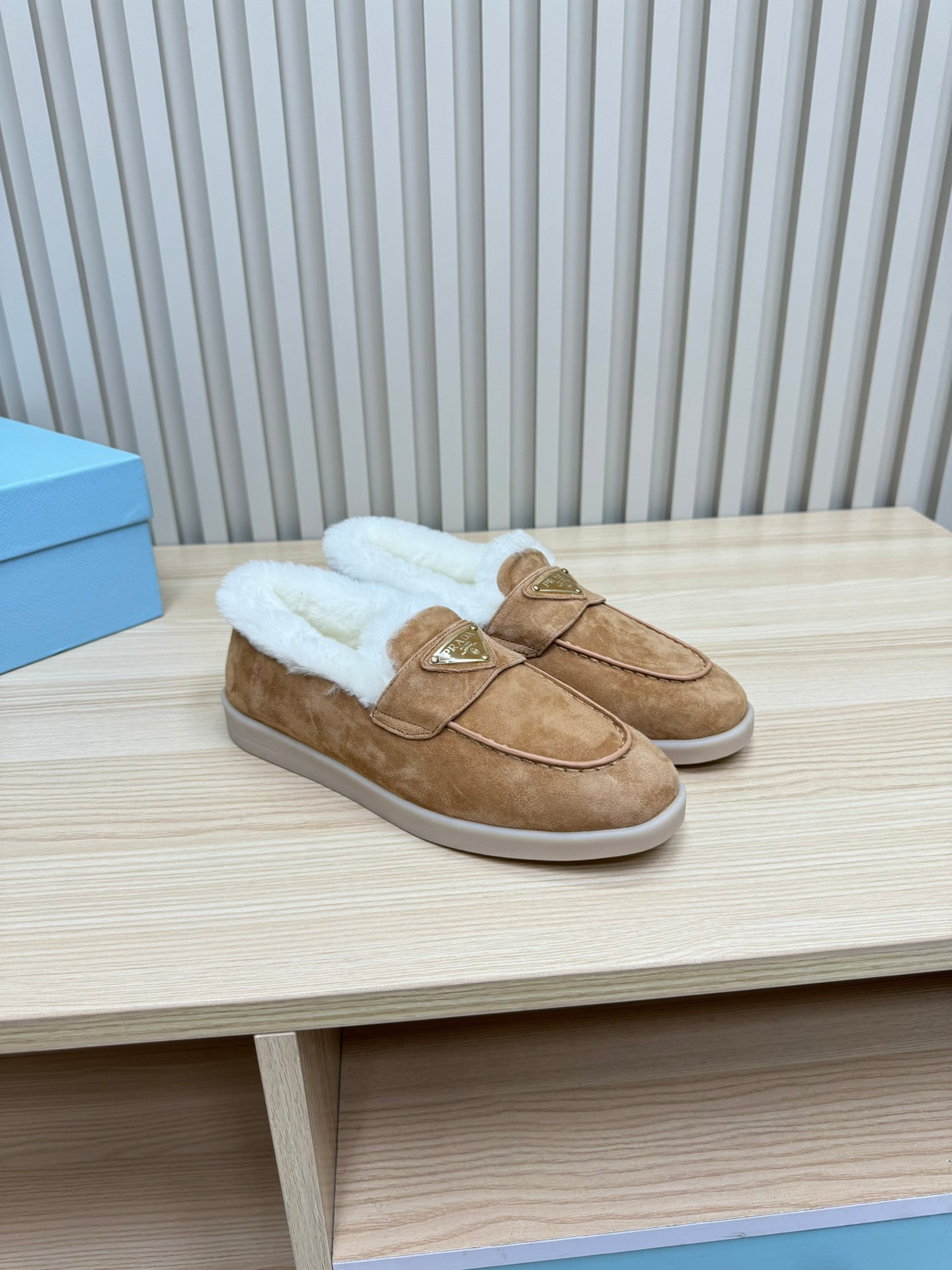 PRADA SUEDE LOAFER IN TAN BROWN WITH SHEARLING LINING